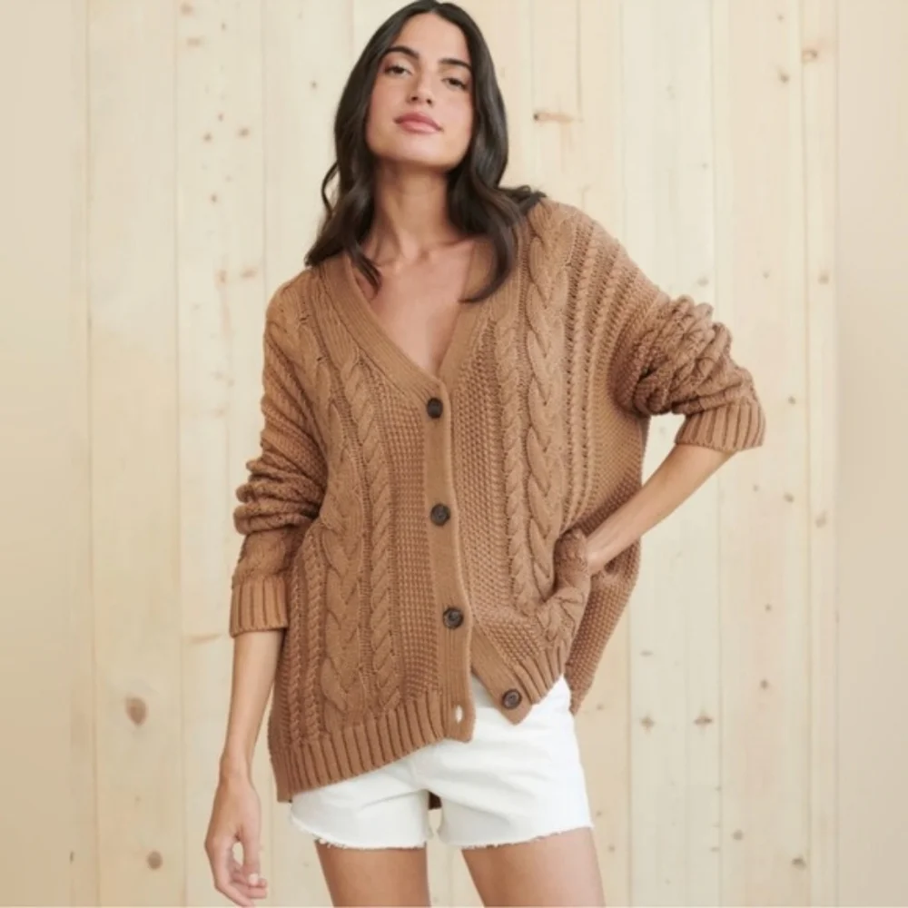 NWOT Jenni Kayne Cable Cardigan Sweater Oversized Dark Carmel Tan Brown XXS-S - Picture 2 of 9